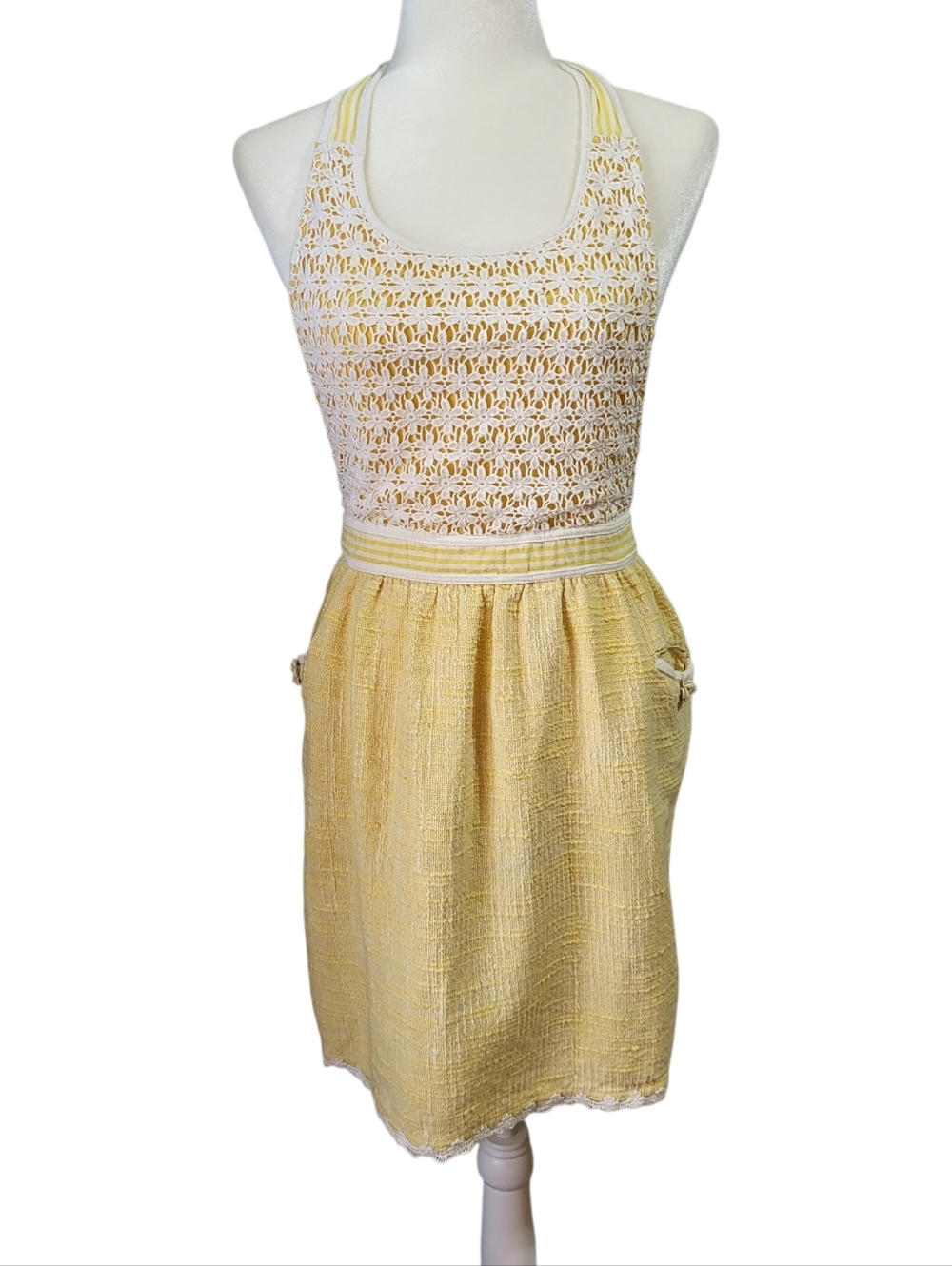 Vintage Sur La Table Full Apron Yellow White Lace 100% Cotton Pockets Farmhouse